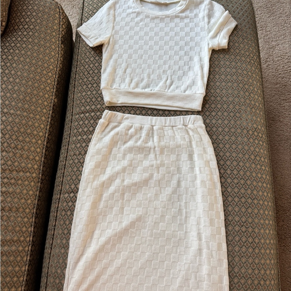 White Textured Two-Piece Set, skirt and top